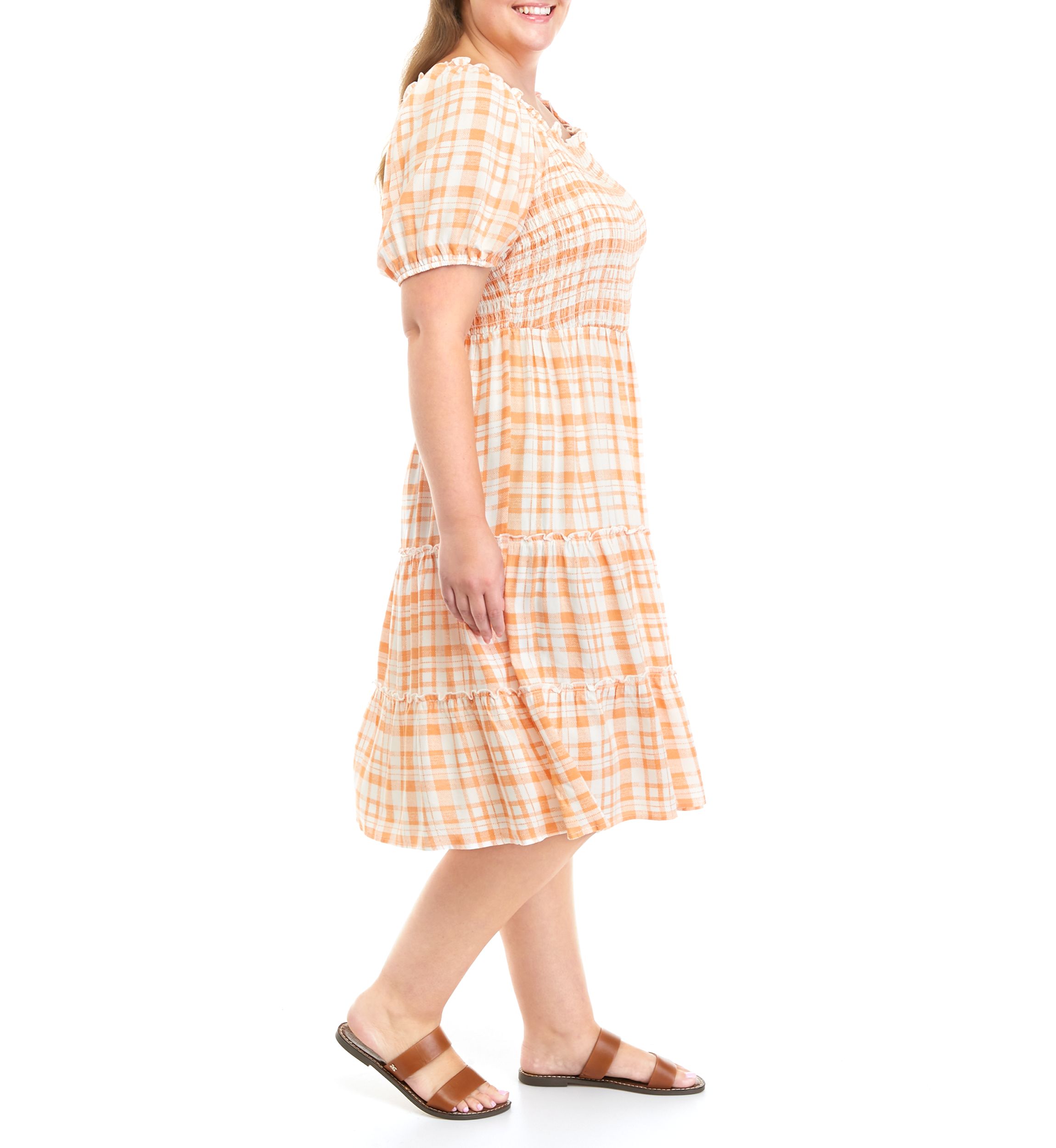 Plus Size Short Puff Sleeve Smocked Plaid Midi Dress