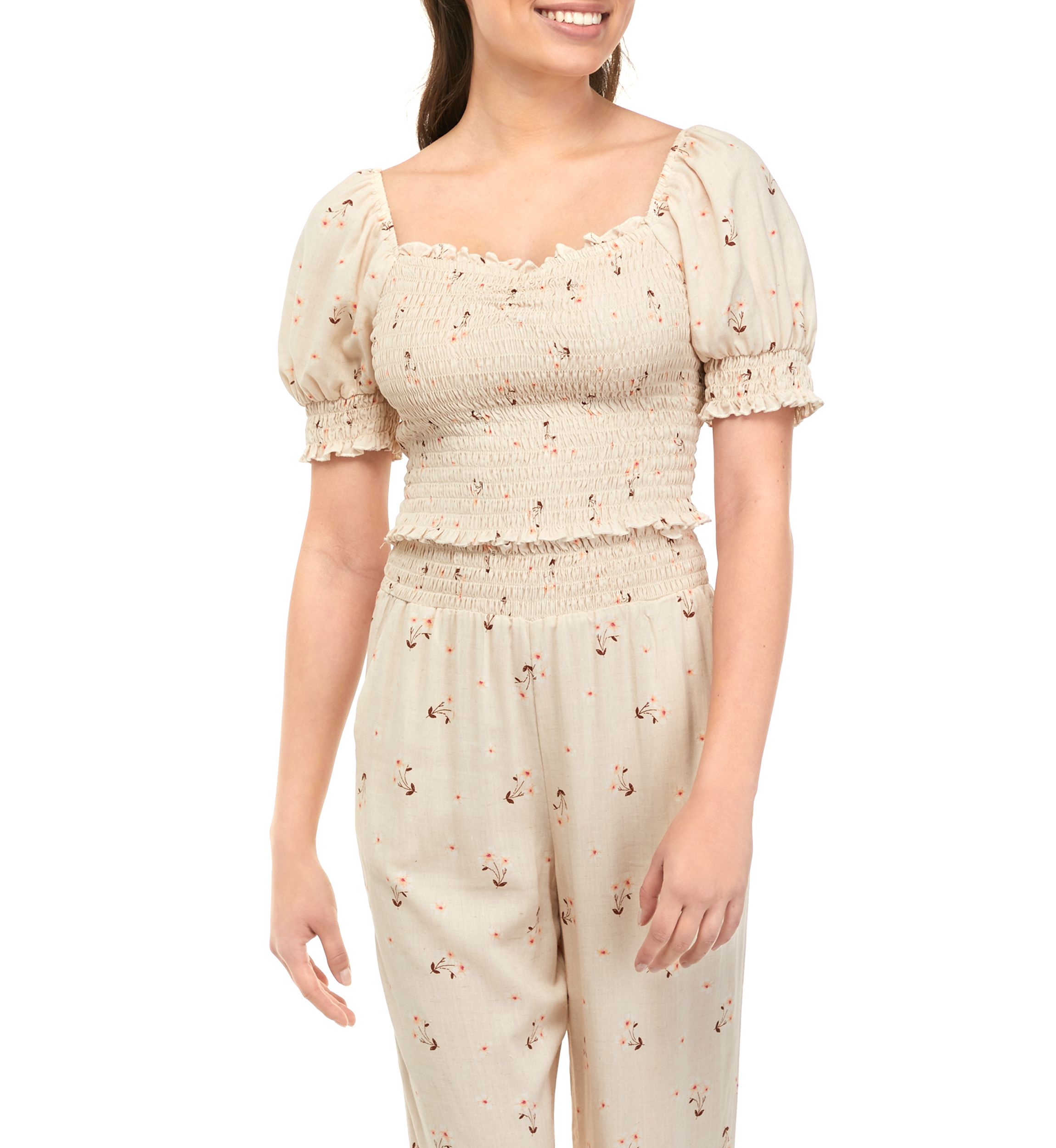 Juniors Short Puff Sleeve Square Neck Smocked Top 