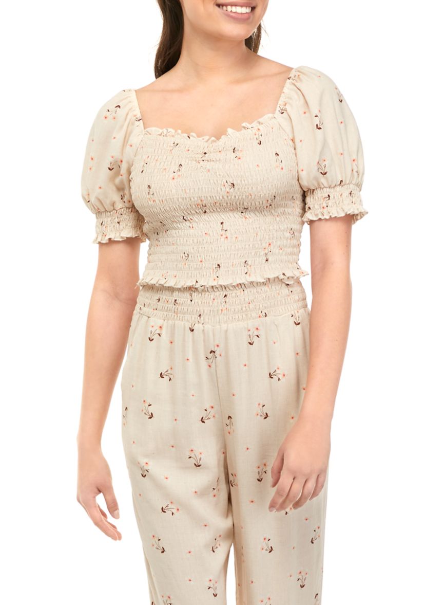 Juniors Short Puff Sleeve Square Neck Smocked Top 