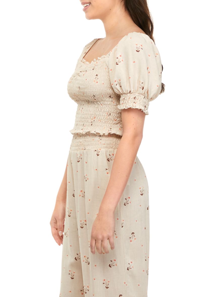 Juniors Short Puff Sleeve Square Neck Smocked Top 