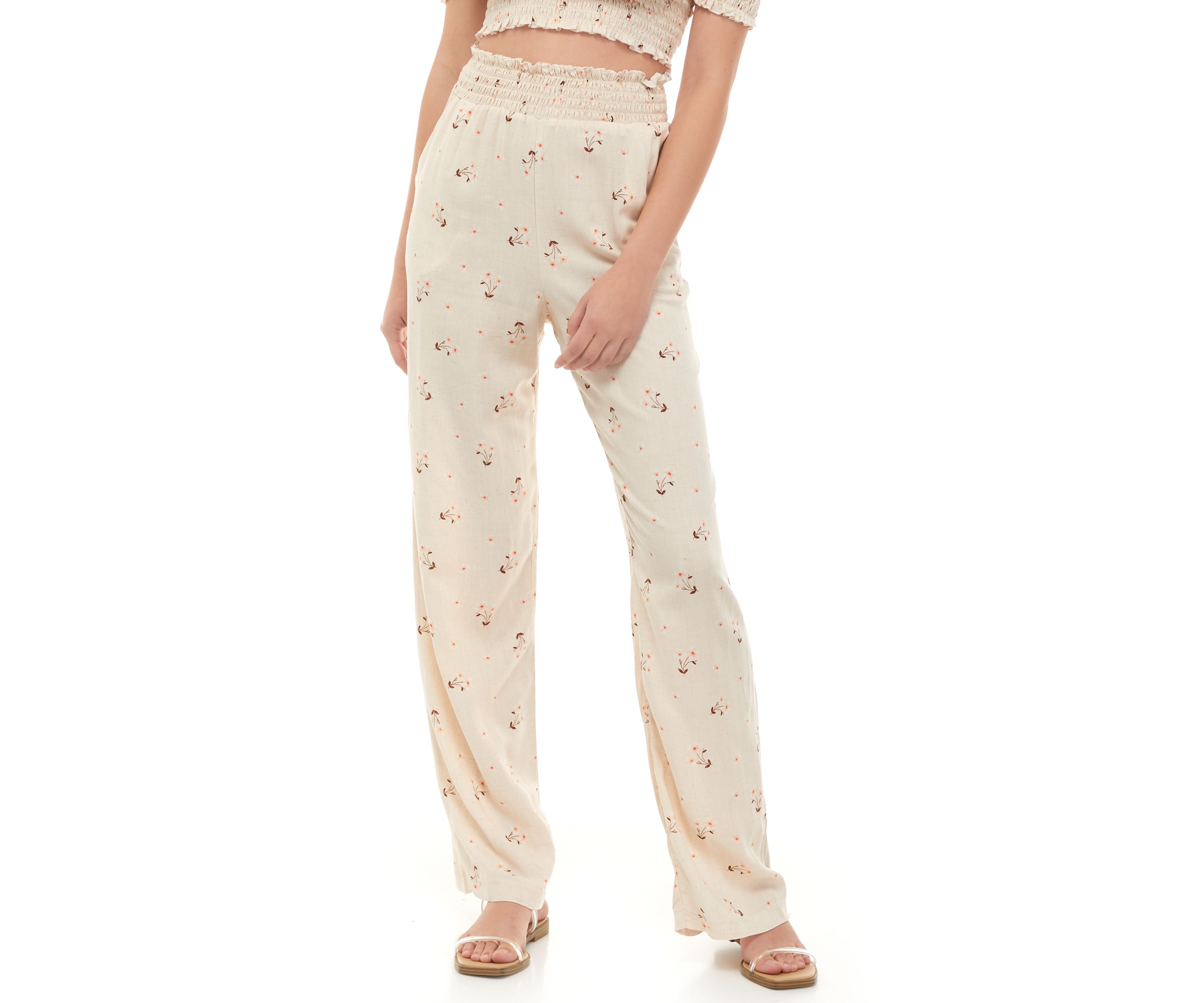 Juniors Smocked Waistband Floral Wide Leg Pants