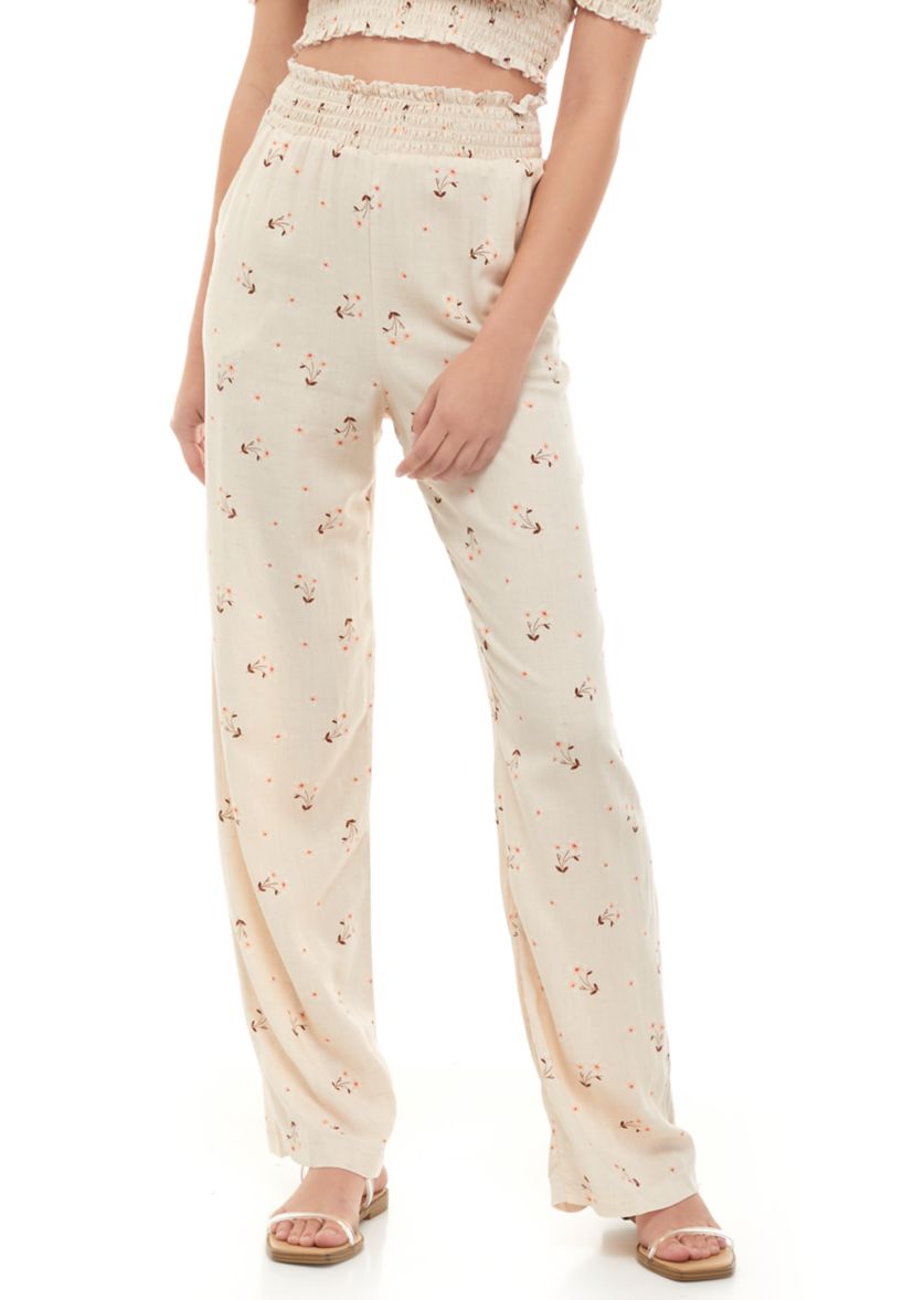 Juniors Smocked Waistband Floral Wide Leg Pants