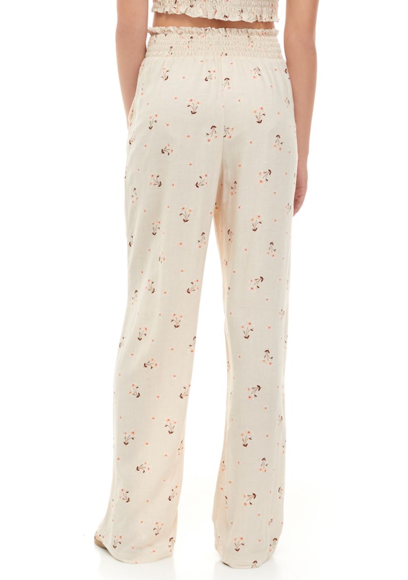 Juniors Smocked Waistband Floral Wide Leg Pants