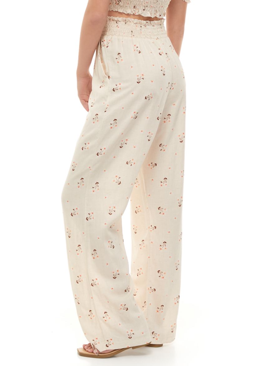 Juniors Smocked Waistband Floral Wide Leg Pants