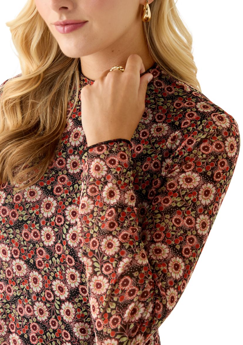 Womens Long Sleeve Mock Neck Floral Body Con Dress