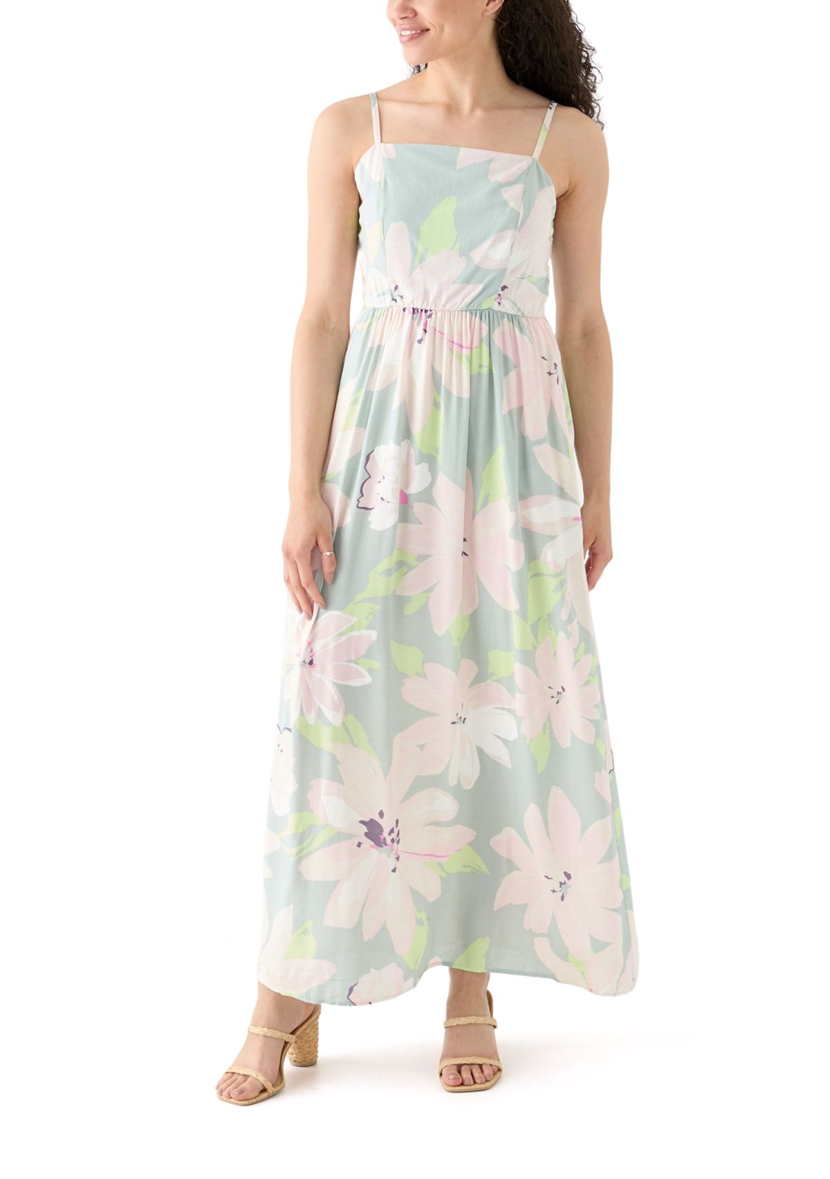 Womens Printed Rayon Challis Linen Maxi Dress