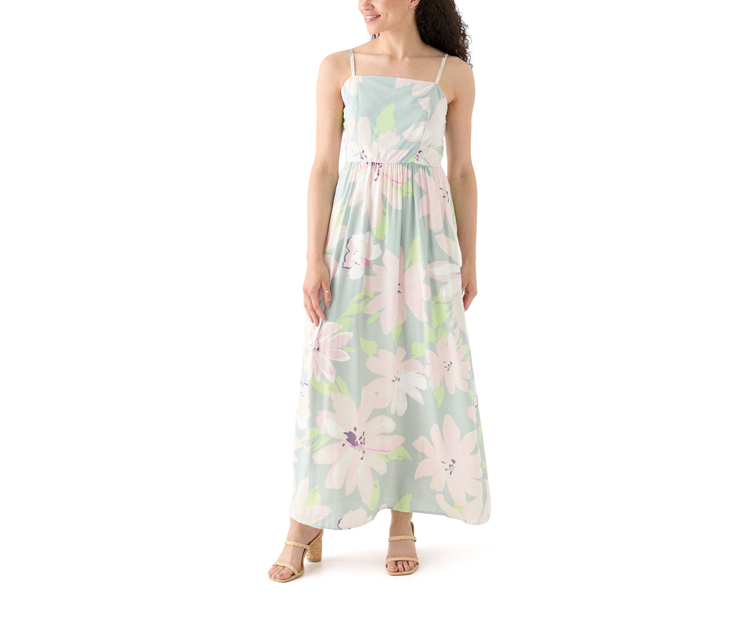 Womens Printed Rayon Challis Linen Maxi Dress