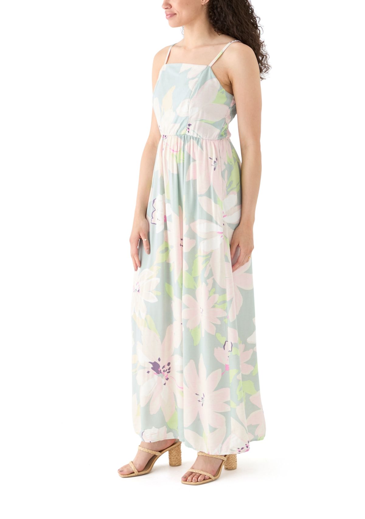 Womens Printed Rayon Challis Linen Maxi Dress