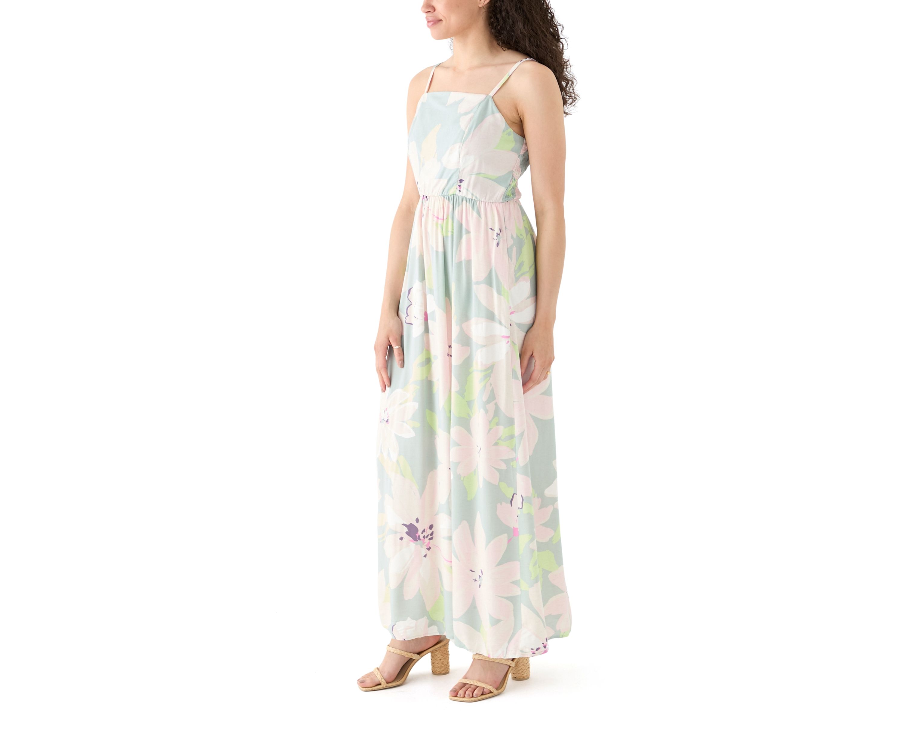Womens Printed Rayon Challis Linen Maxi Dress