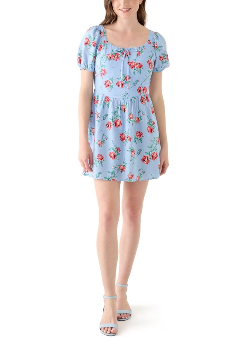 Womens Linen Challis Printed Mini Dress