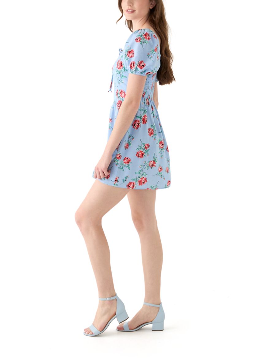 Womens Linen Challis Printed Mini Dress