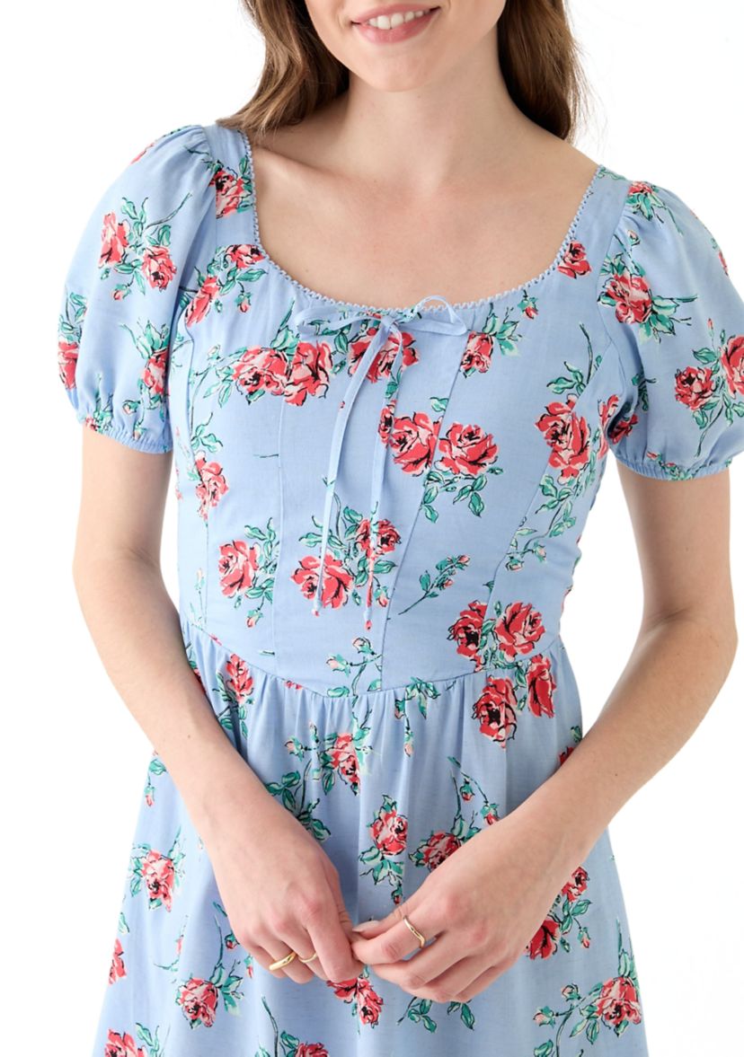 Womens Linen Challis Printed Mini Dress