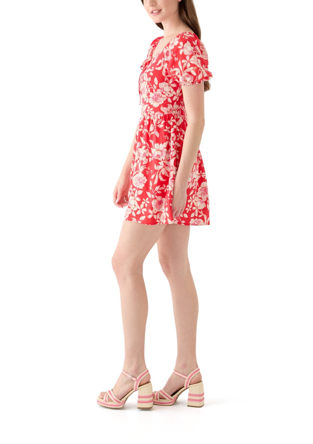 Womens Linen Challis Printed Mini Dress