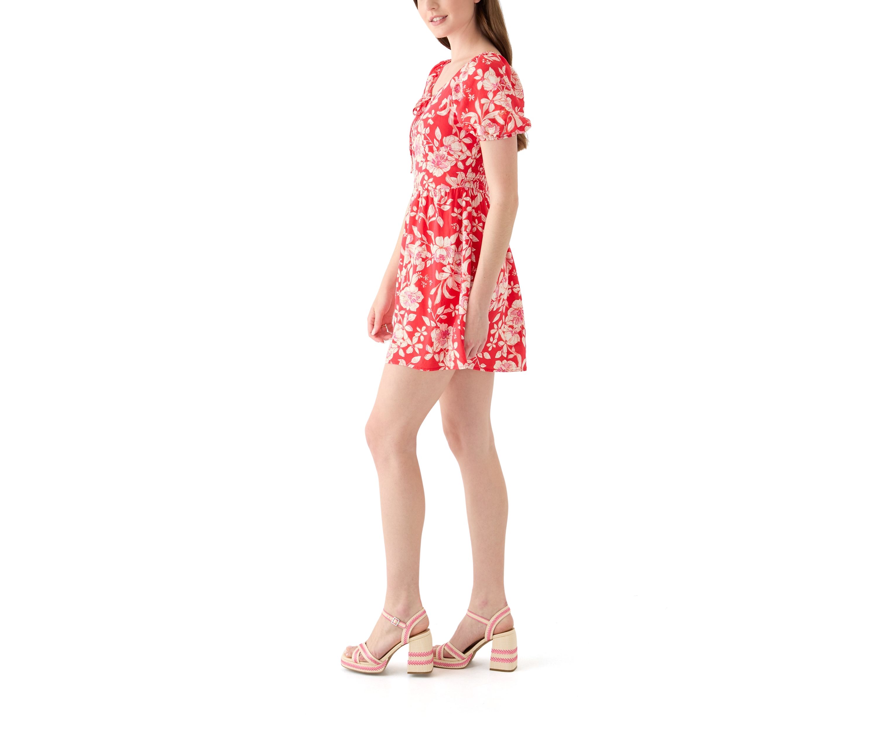 Womens Linen Challis Printed Mini Dress