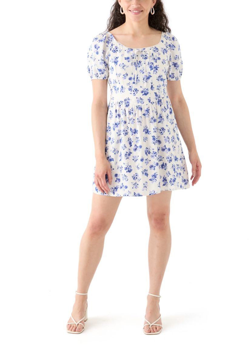 Womens Linen Challis Printed Mini Dress