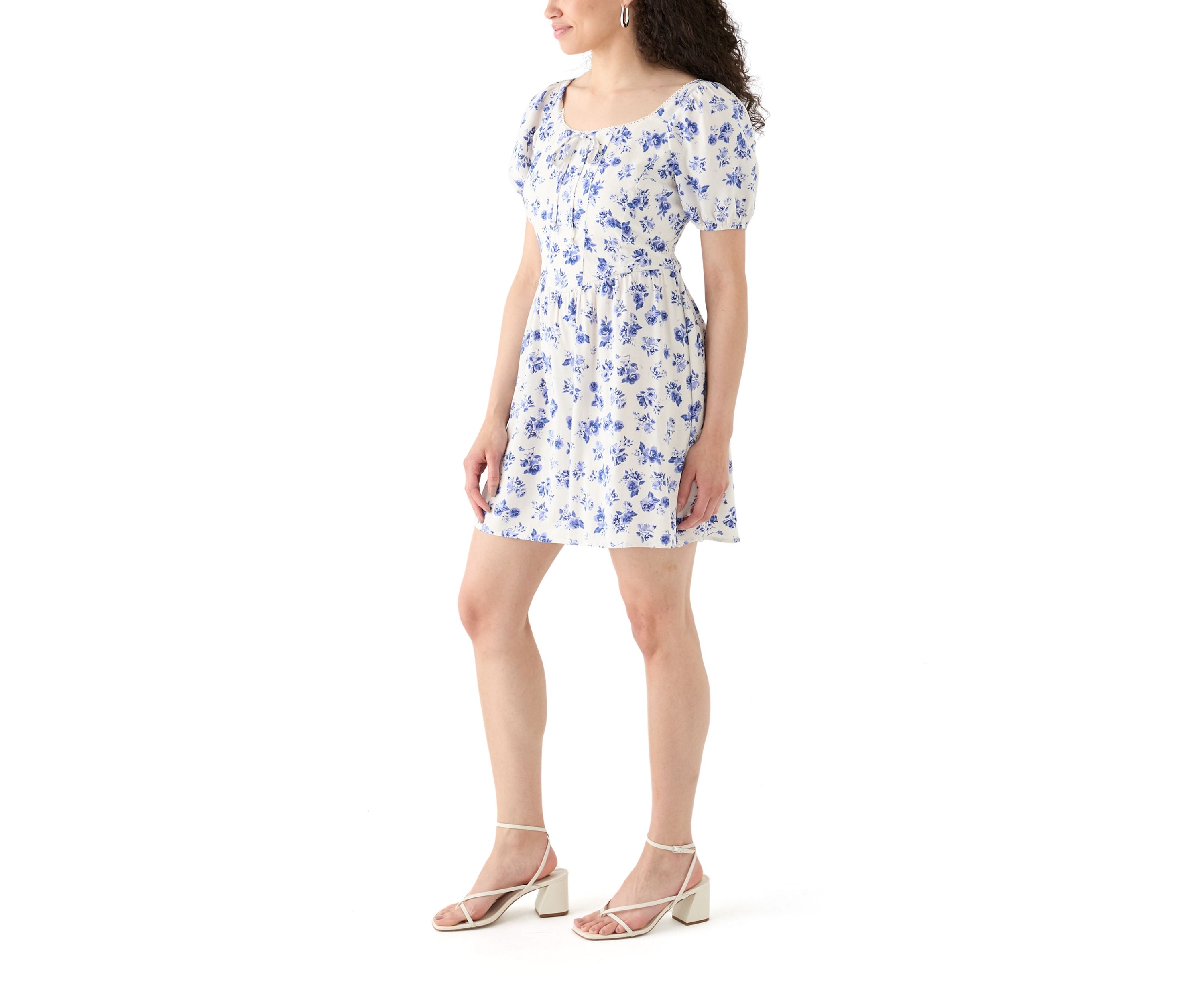 Womens Linen Challis Printed Mini Dress