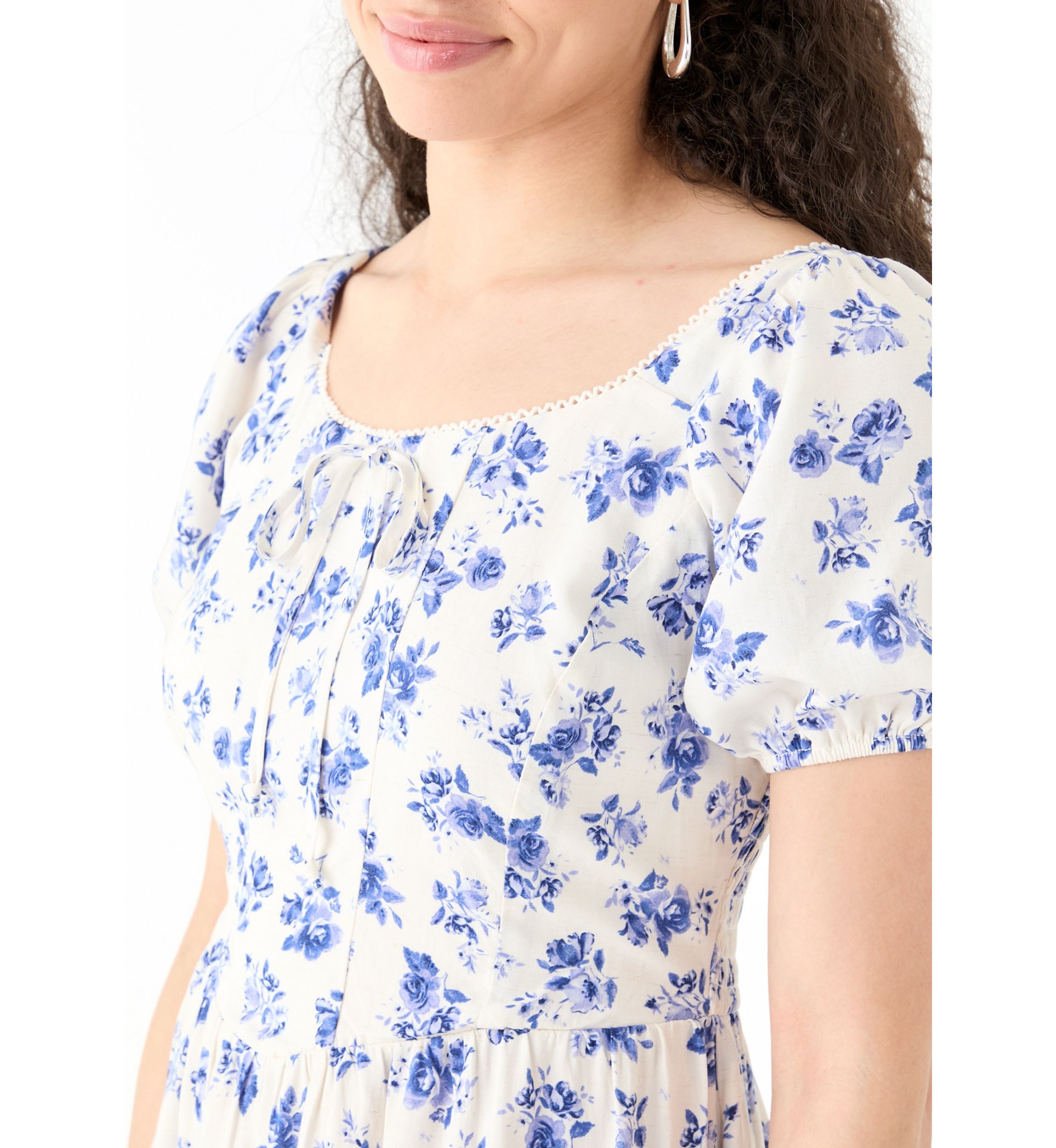 Womens Linen Challis Printed Mini Dress
