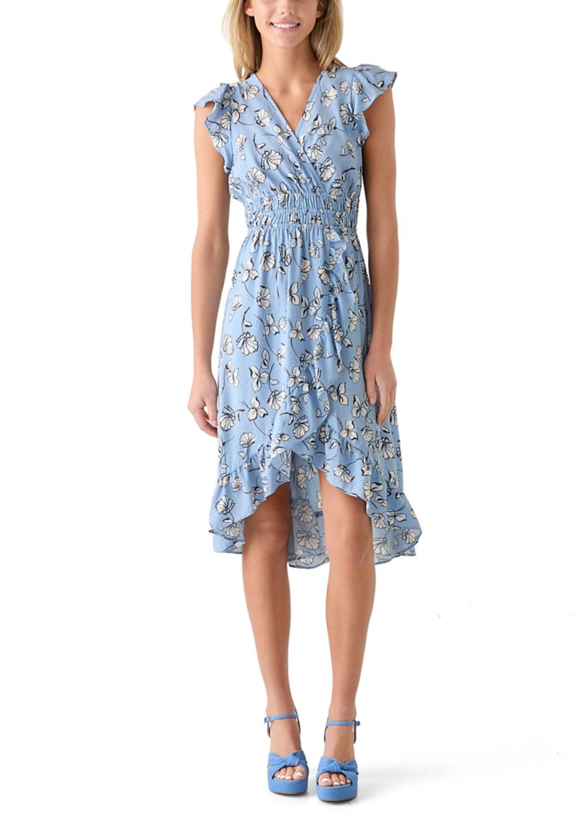 Womens Flutter Sleeve Printed Midi Dress