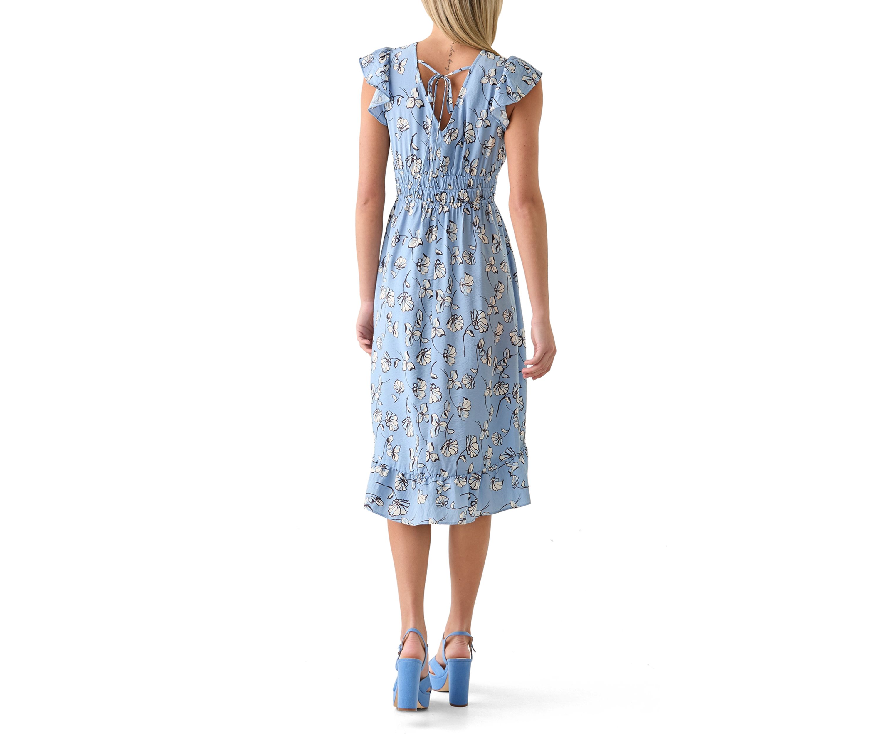 Womens Flutter Sleeve Printed Midi Dress