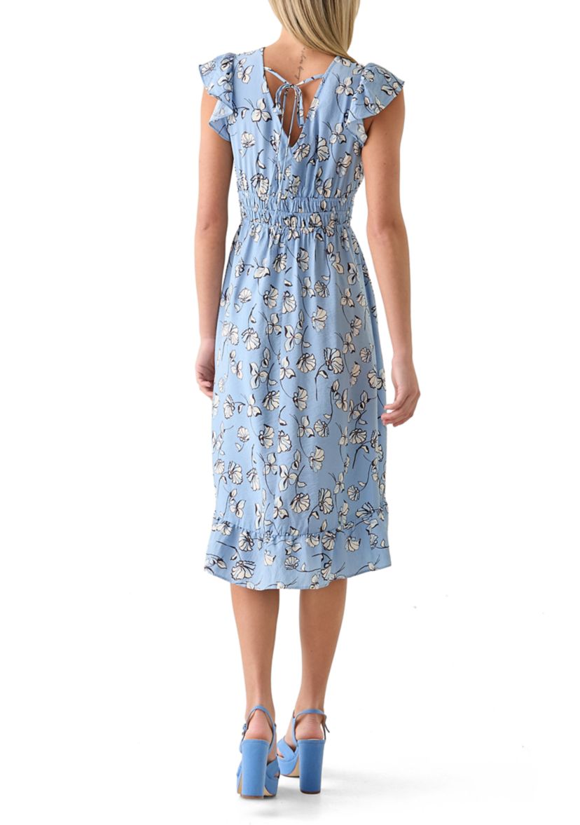 Womens Flutter Sleeve Printed Midi Dress