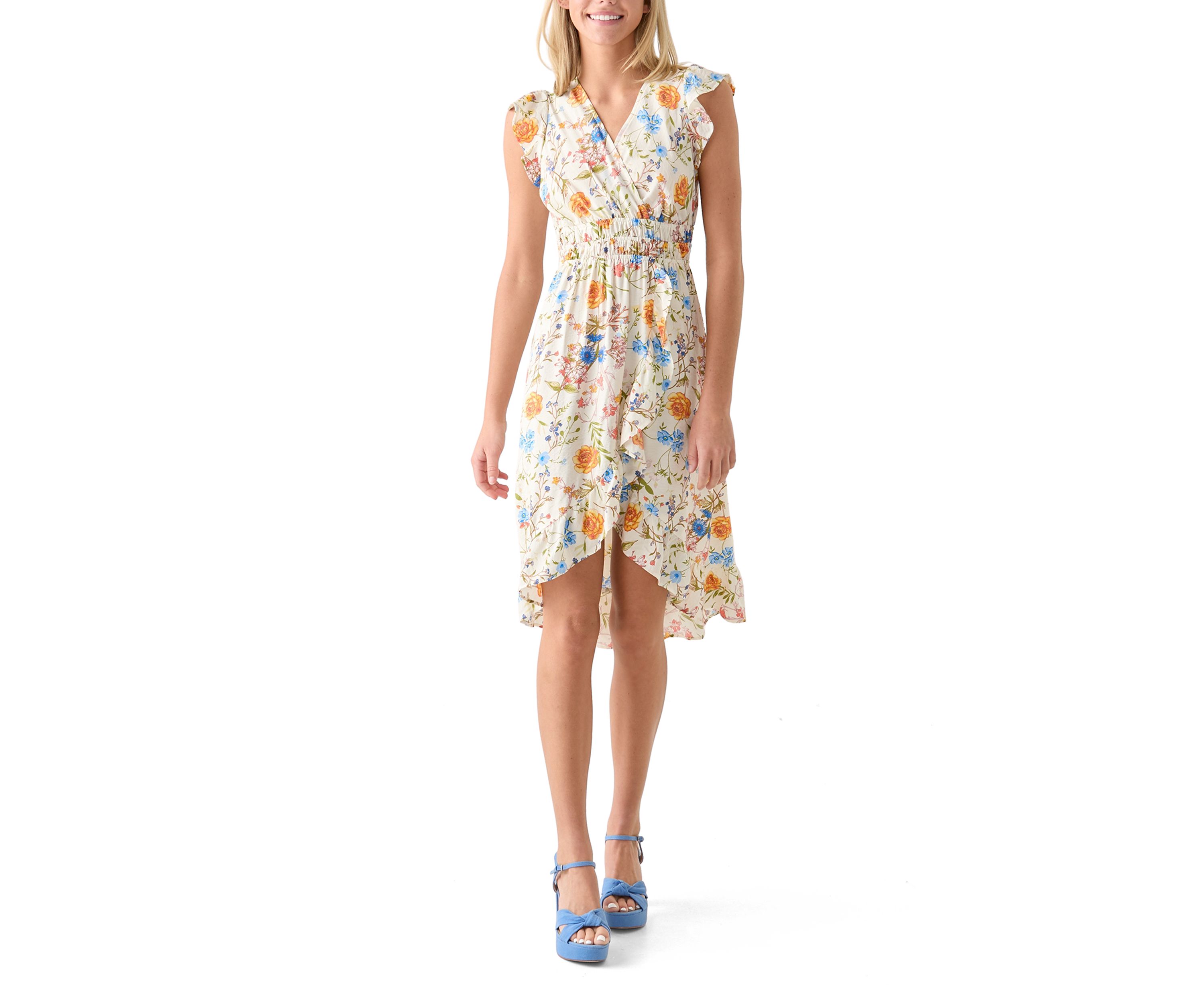 Womens Printed Flutter Sleeve Midi Dress