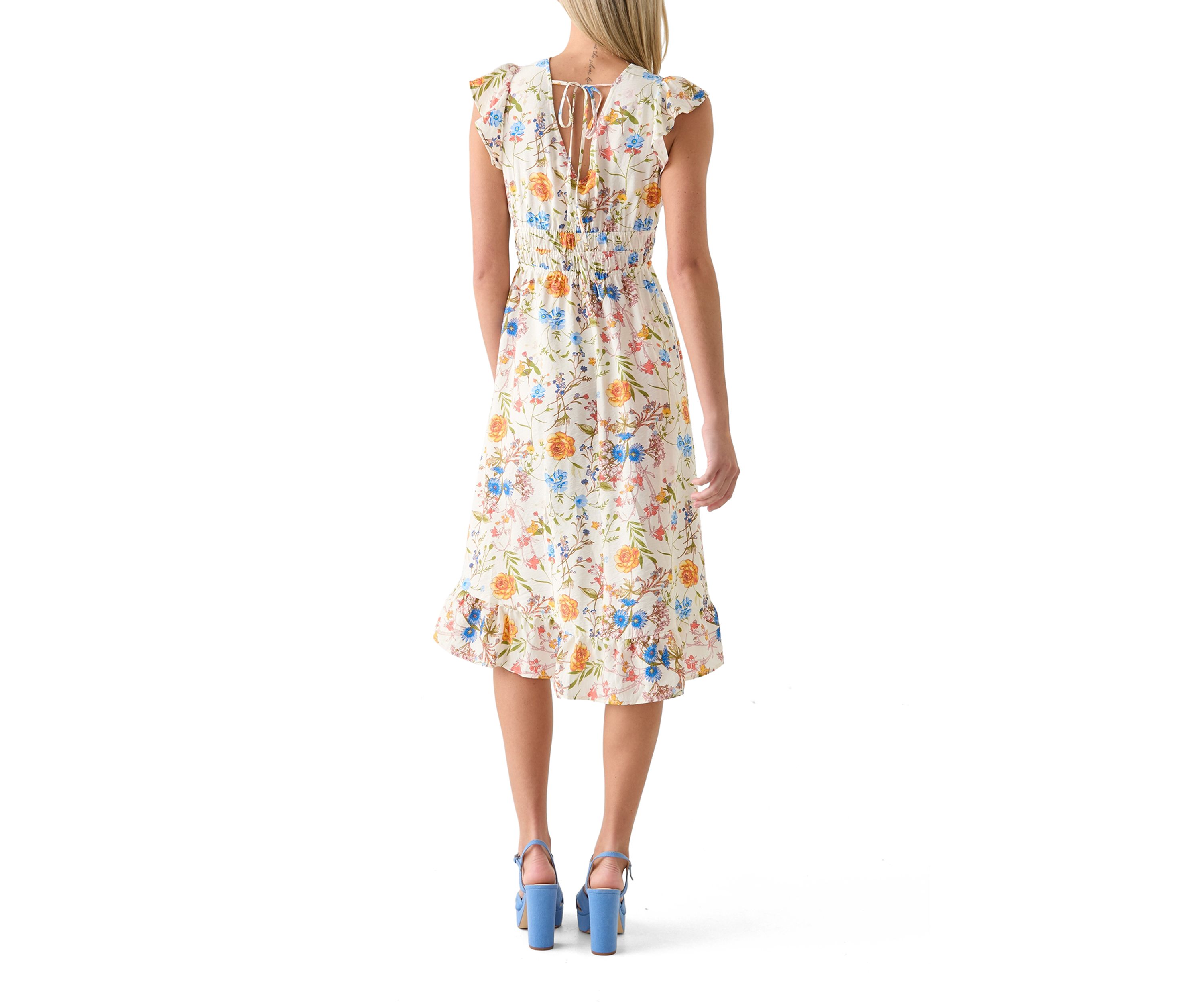 Womens Printed Flutter Sleeve Midi Dress