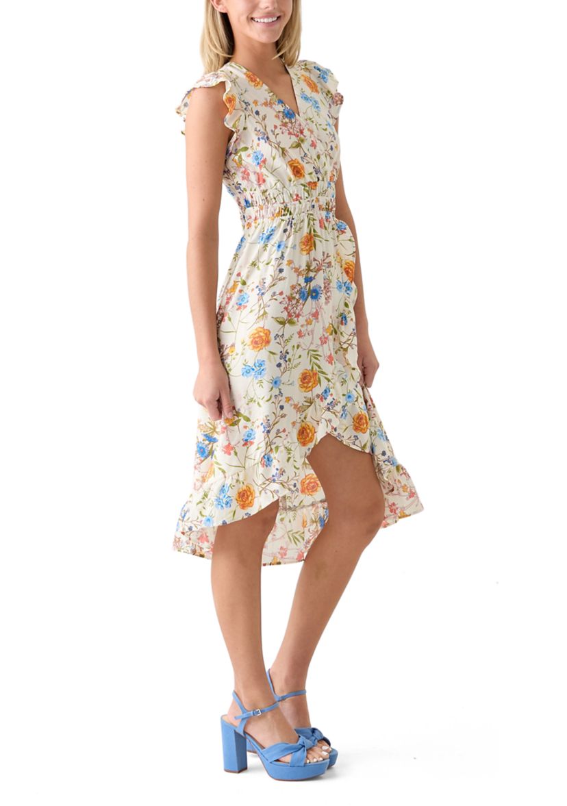Womens Printed Flutter Sleeve Midi Dress