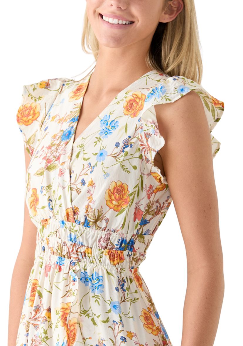 Womens Printed Flutter Sleeve Midi Dress
