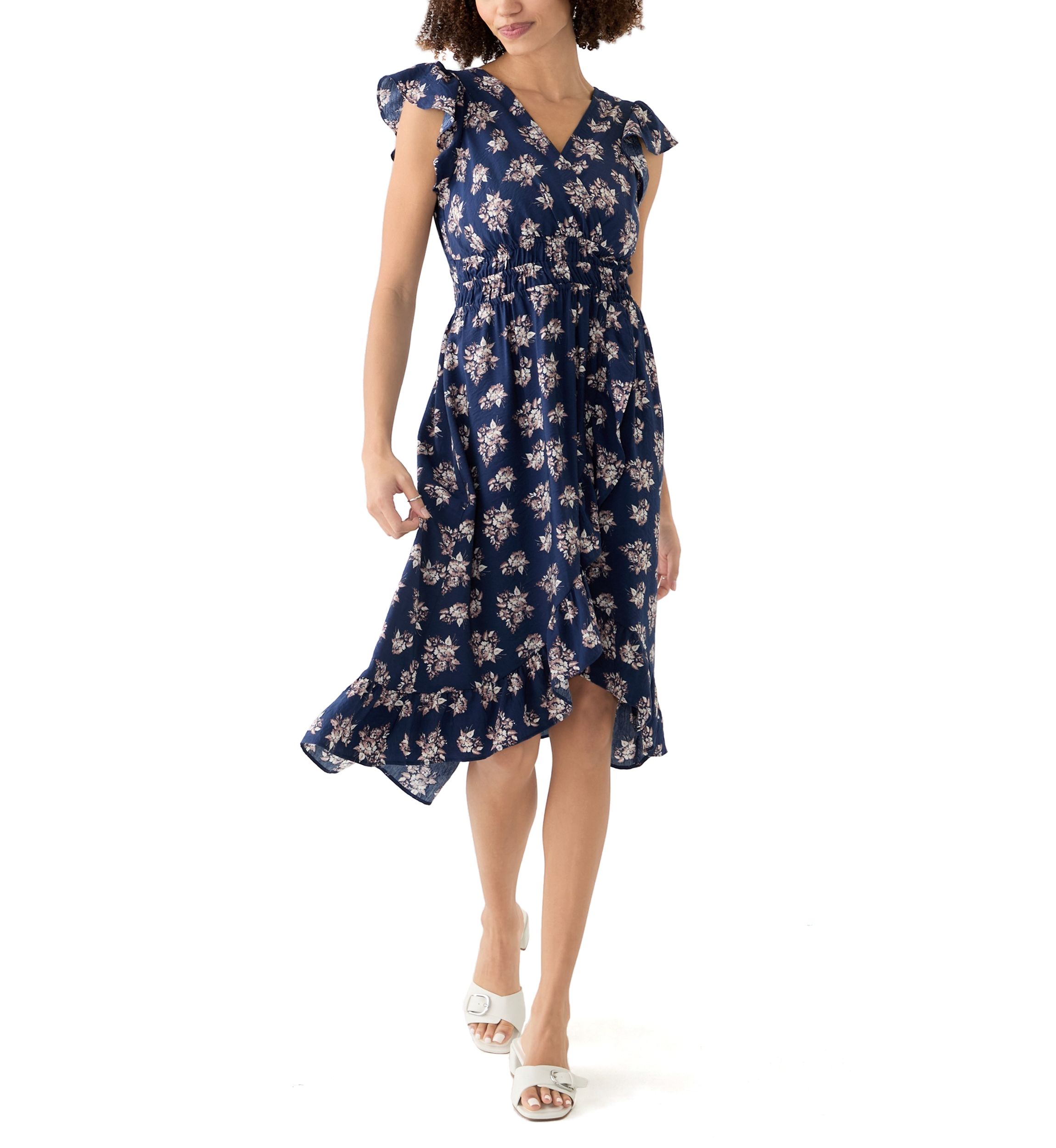 Womens Floral Printed Flutter Sleeve Midi Dress