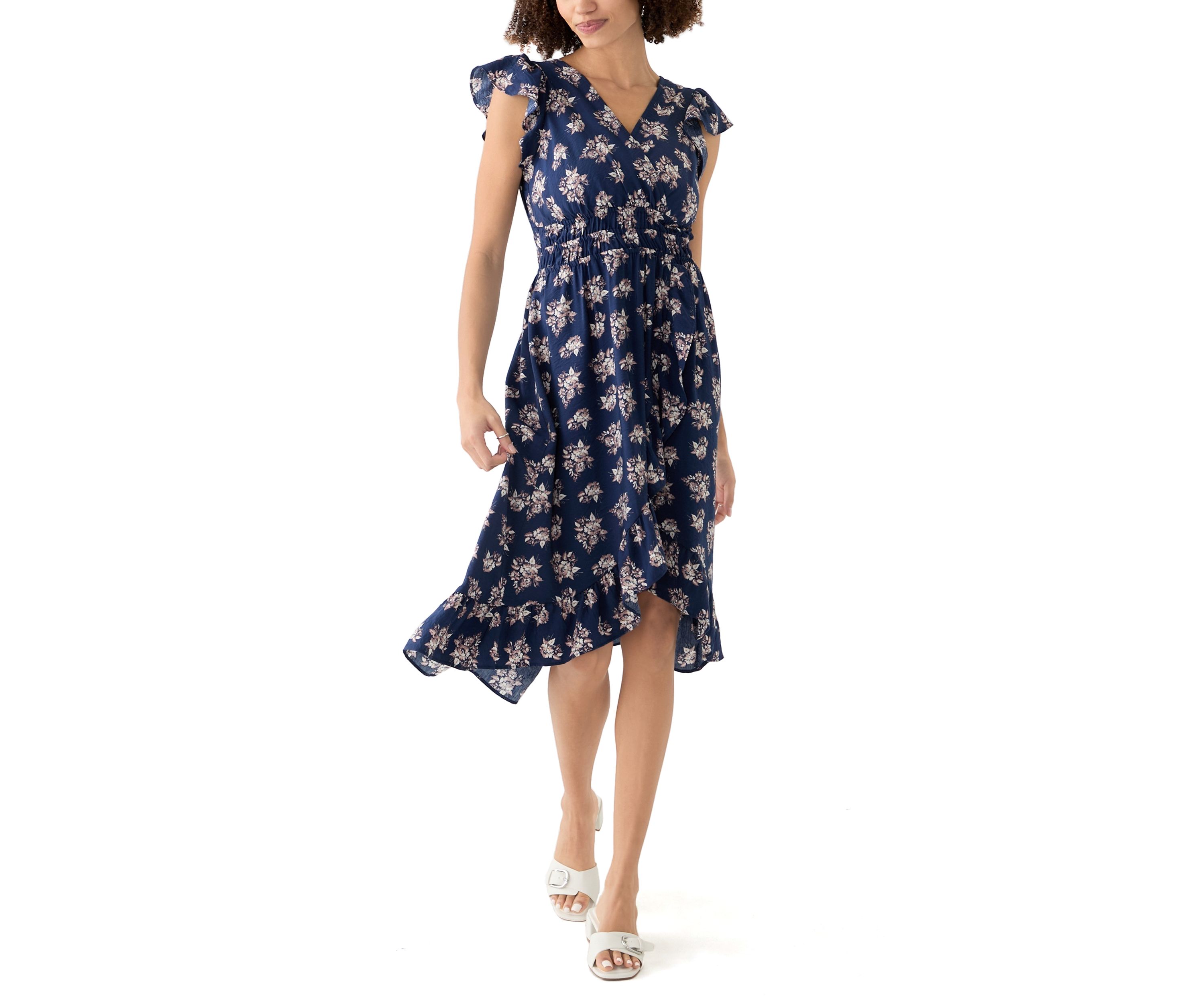 Womens Floral Printed Flutter Sleeve Midi Dress