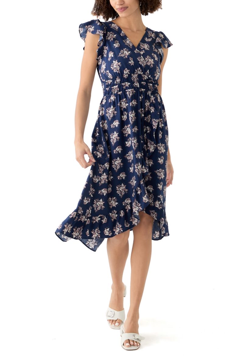 Womens Floral Printed Flutter Sleeve Midi Dress