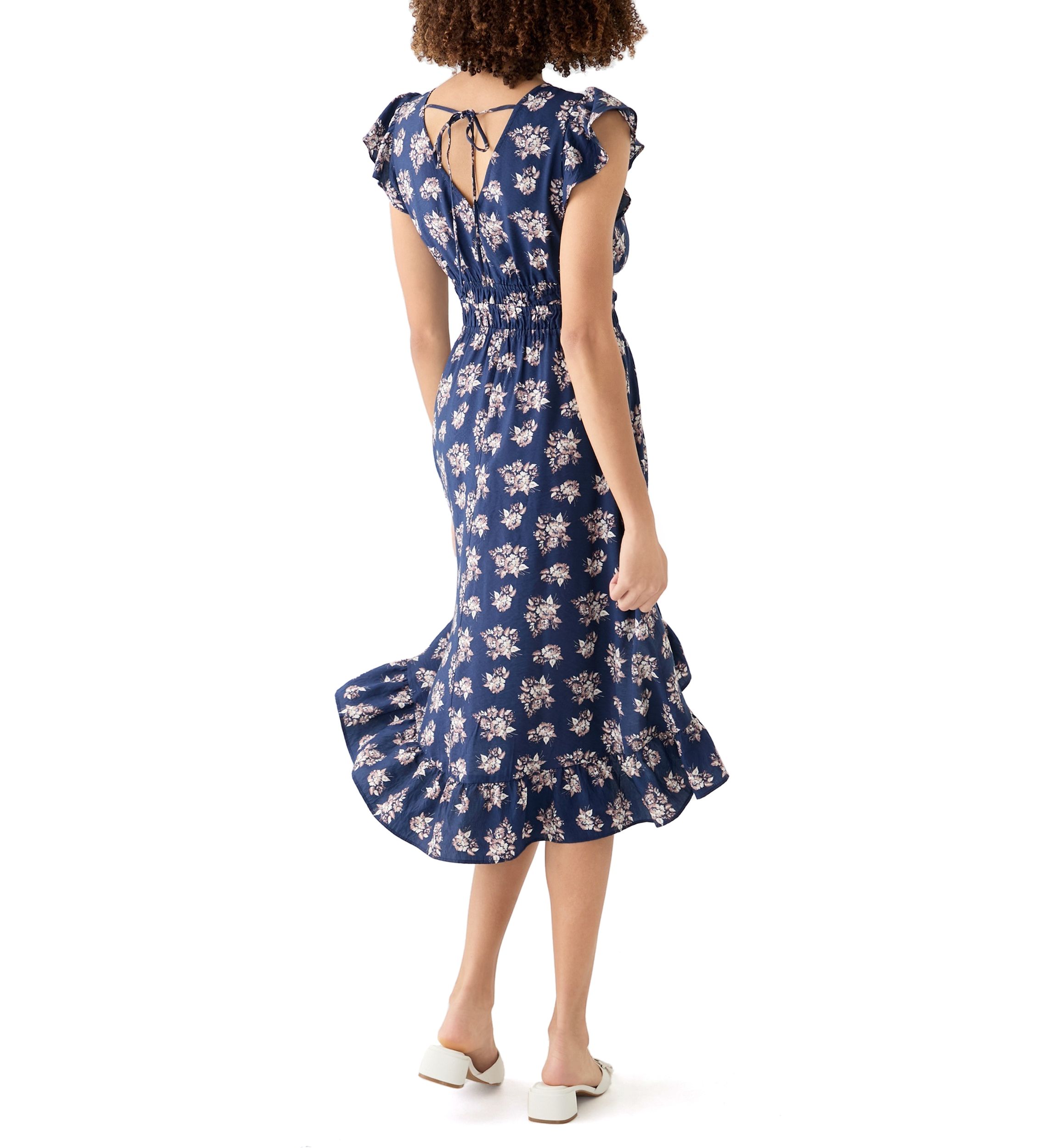 Womens Floral Printed Flutter Sleeve Midi Dress