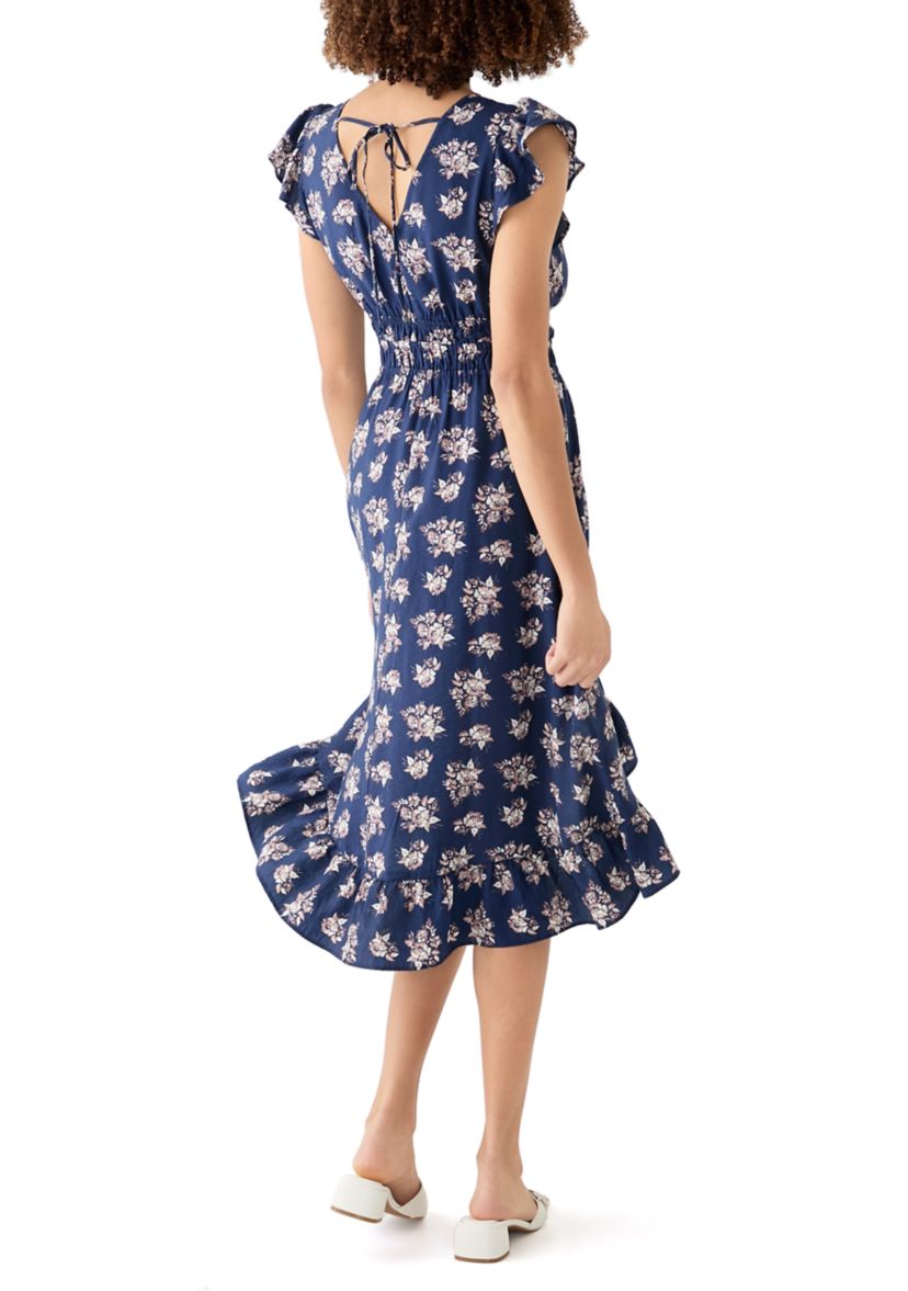 Womens Floral Printed Flutter Sleeve Midi Dress