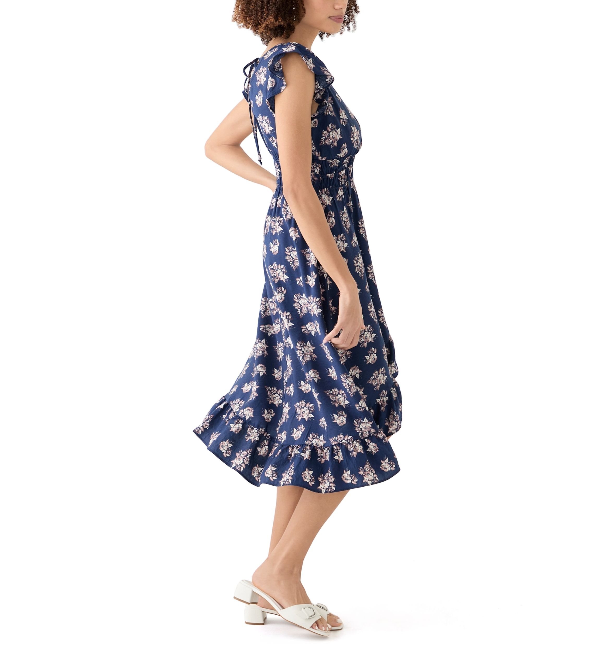 Womens Floral Printed Flutter Sleeve Midi Dress