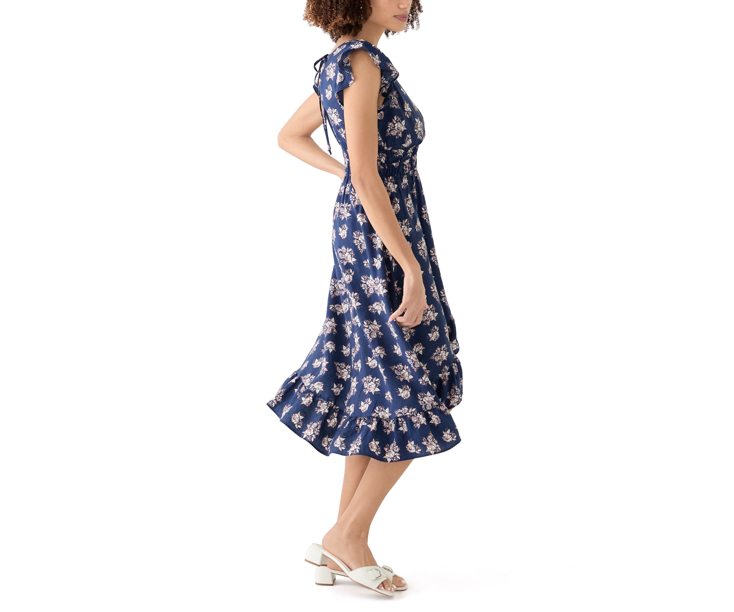 Womens Floral Printed Flutter Sleeve Midi Dress