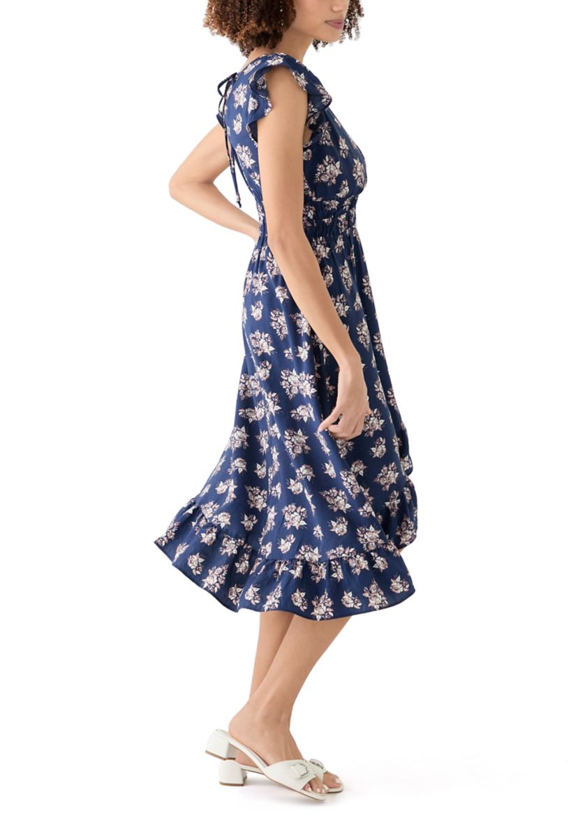 Womens Floral Printed Flutter Sleeve Midi Dress