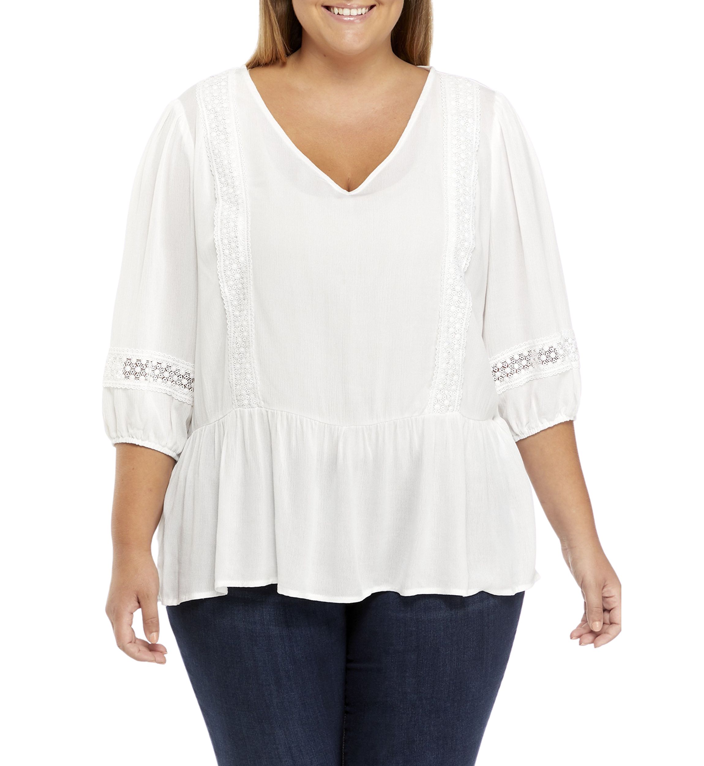 Plus Size 3/4 Sleeve Crochet Inset Top 