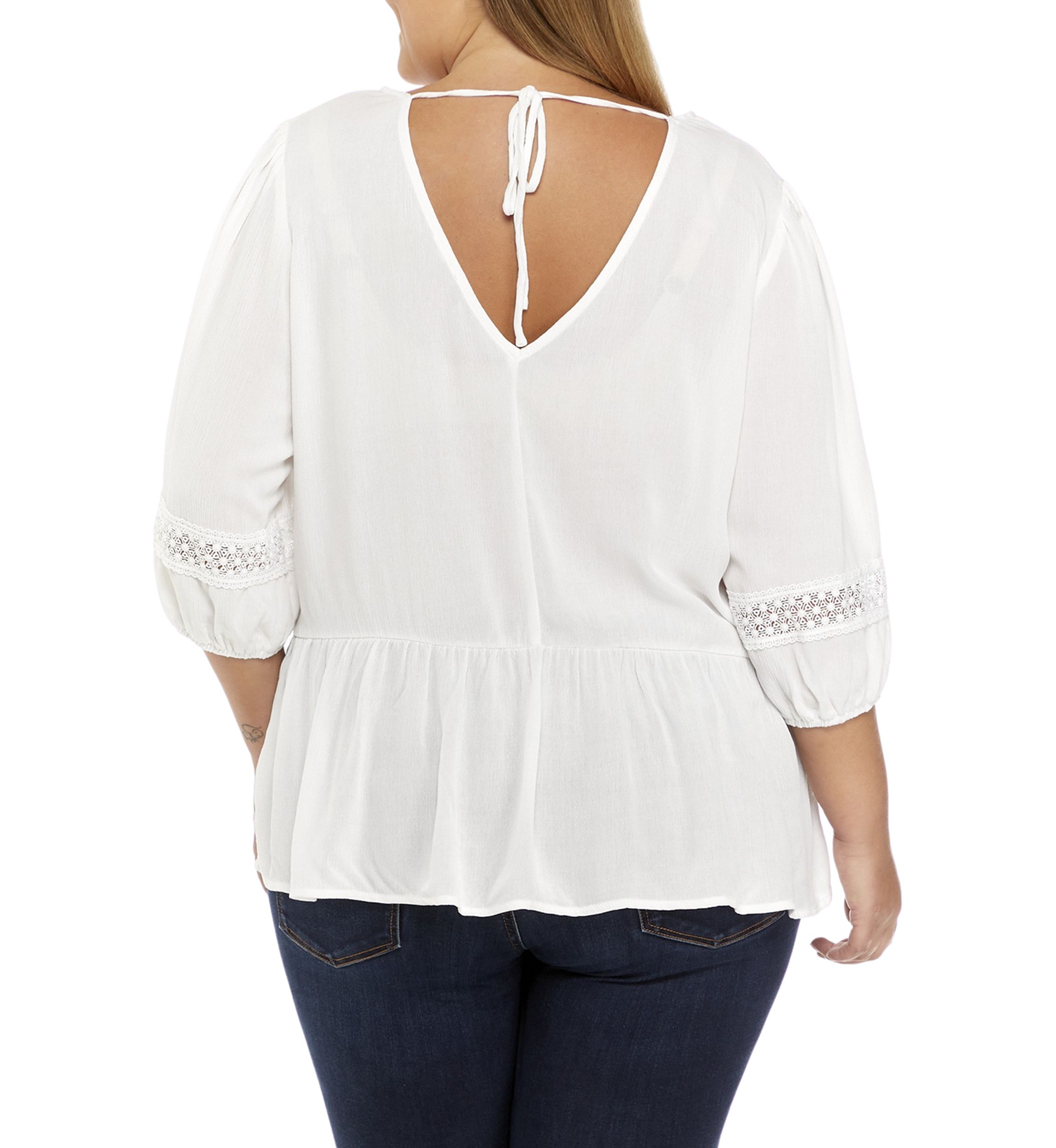 Plus Size 3/4 Sleeve Crochet Inset Top 