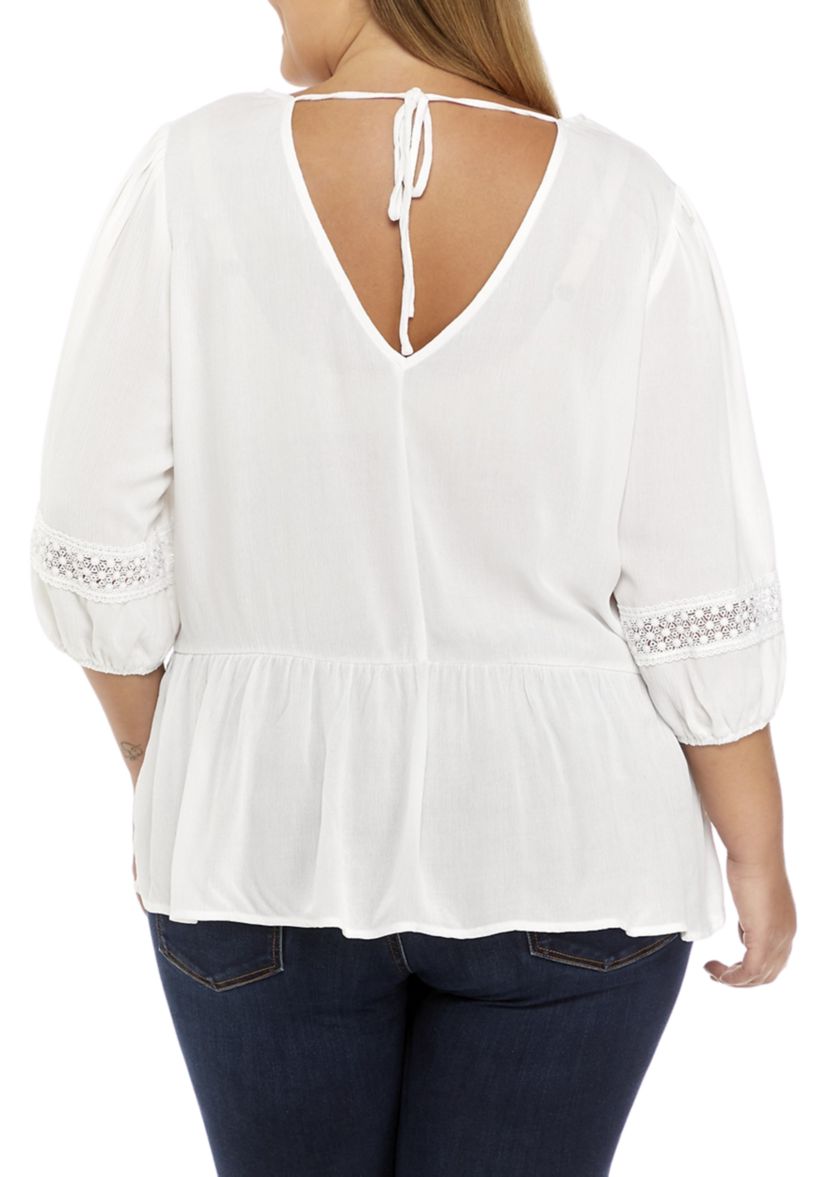 Plus Size 3/4 Sleeve Crochet Inset Top 