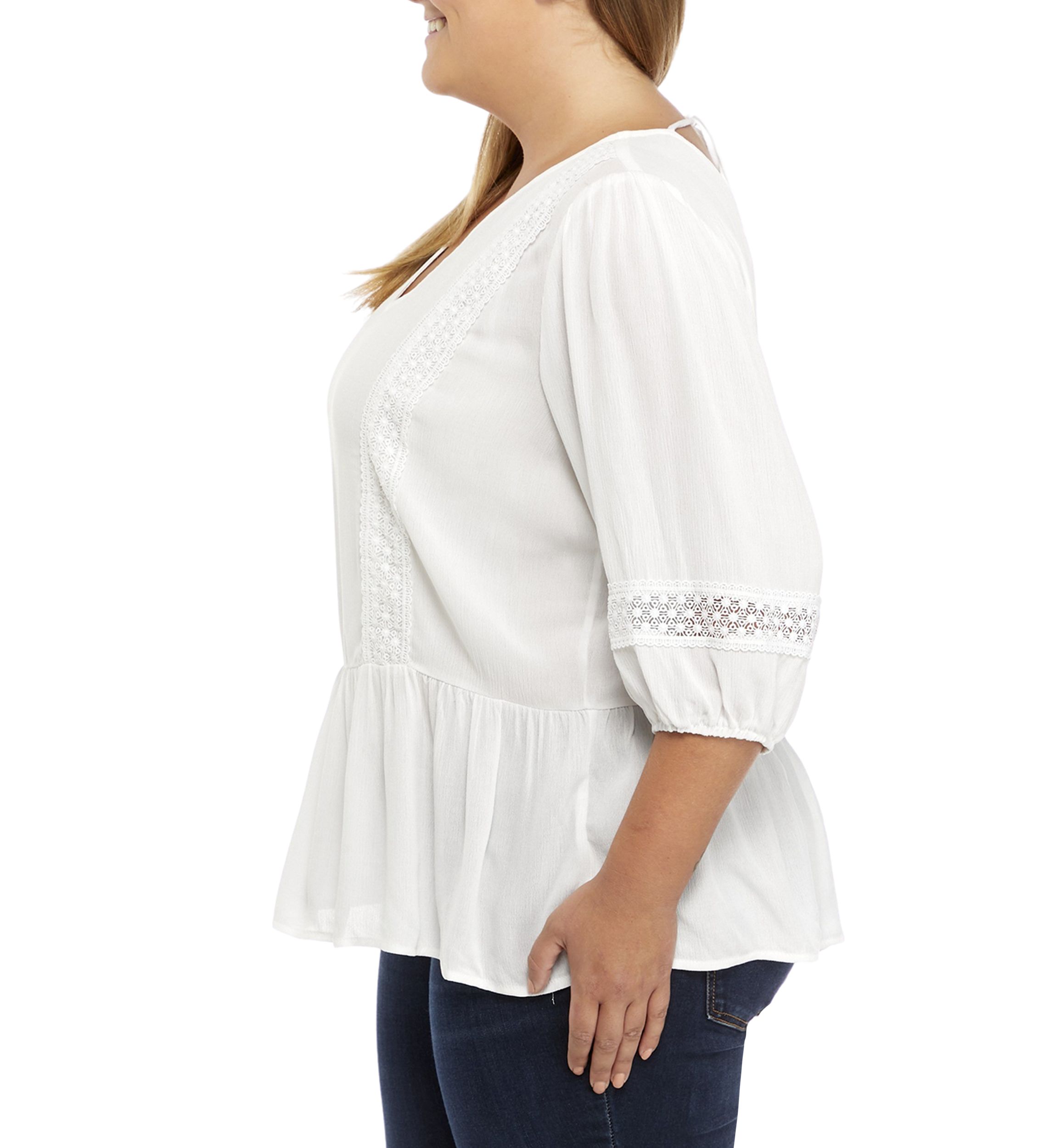 Plus Size 3/4 Sleeve Crochet Inset Top 