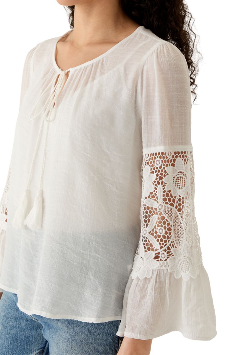 June & Hudson Women's Long Sleeve Embroidered Bell Sleeve Blouse