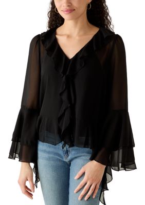 June & Hudson Women's Long Sleeve V-Neck Ruffle Top