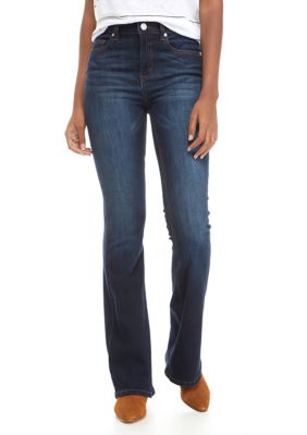 high rise dark wash flare jeans