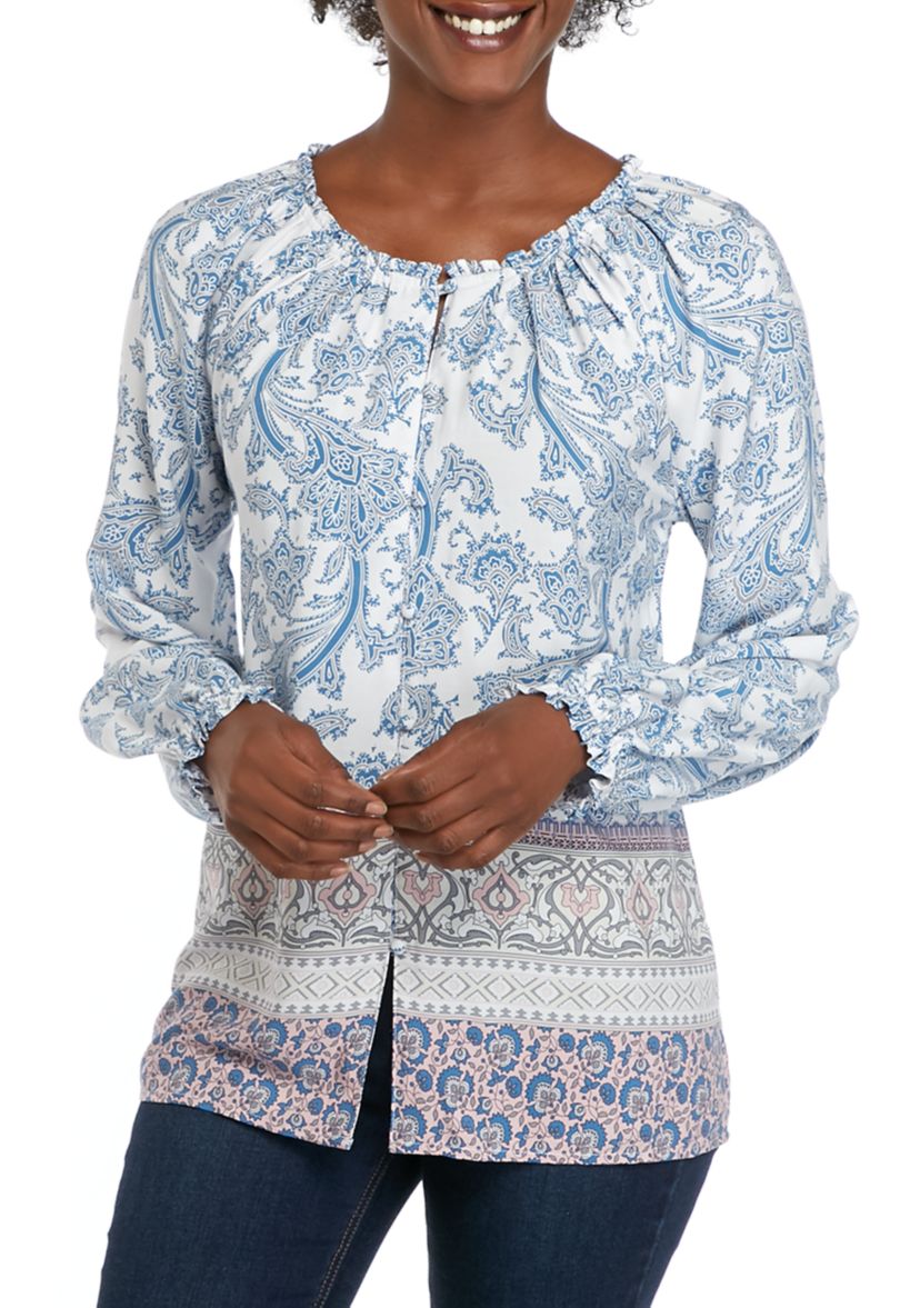 Womens Button Front Printed Woven Top