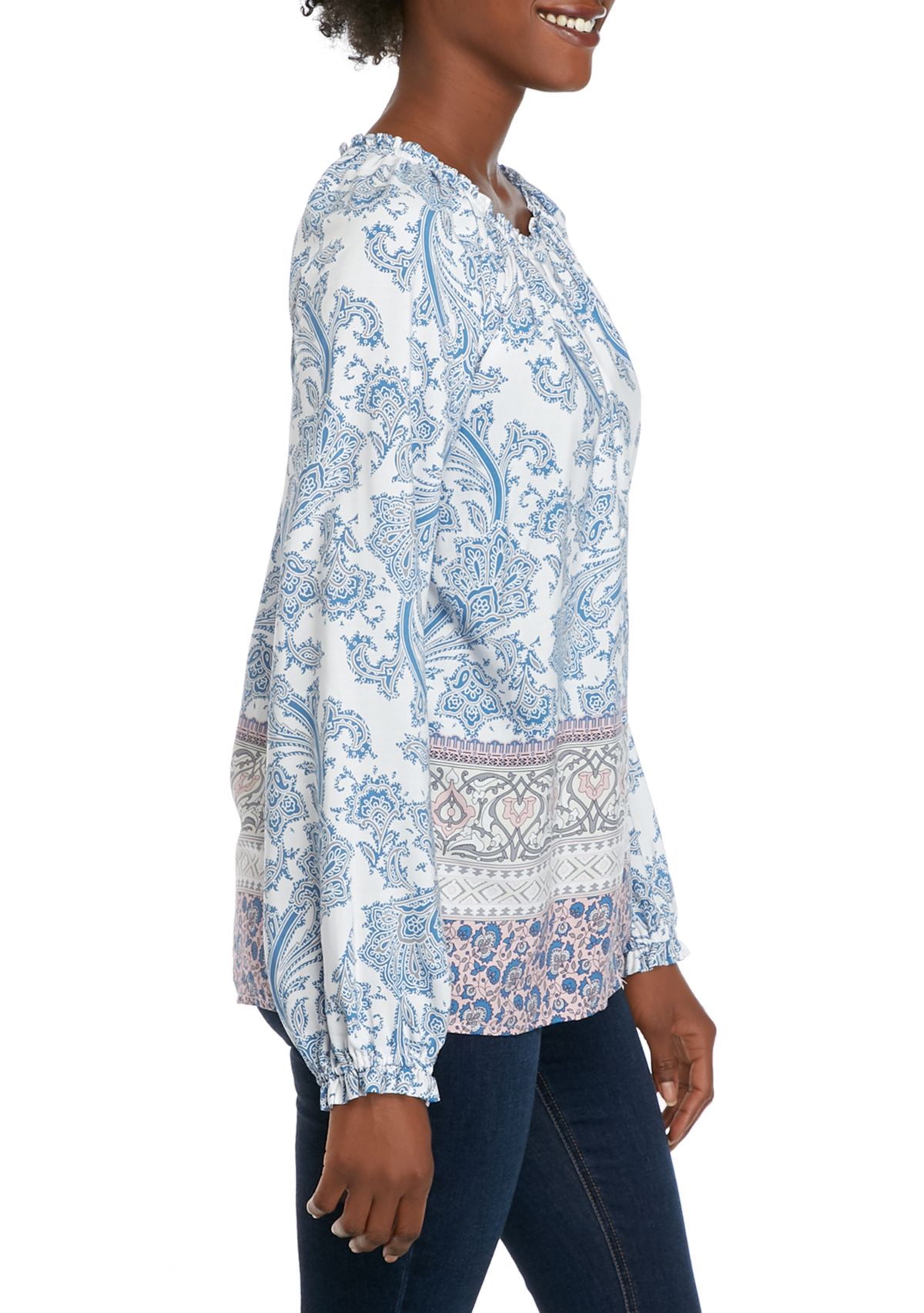 Womens Button Front Printed Woven Top