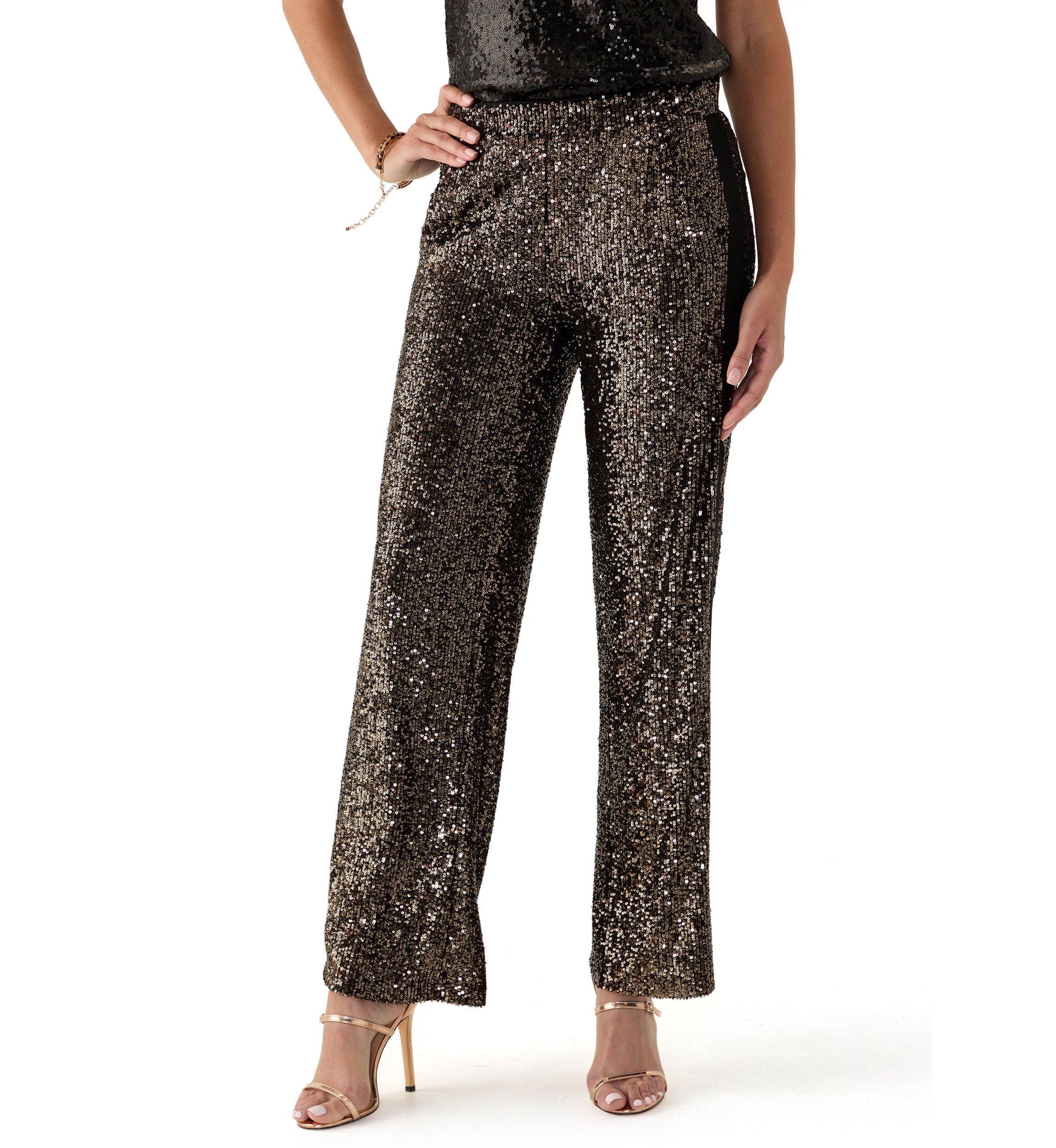 Womens Sequin Mix Wide Leg Pants