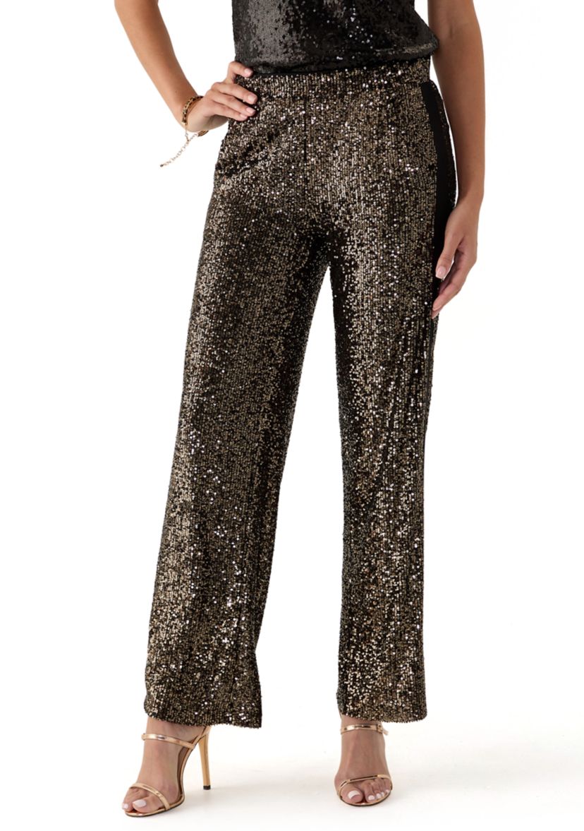 Womens Sequin Mix Wide Leg Pants