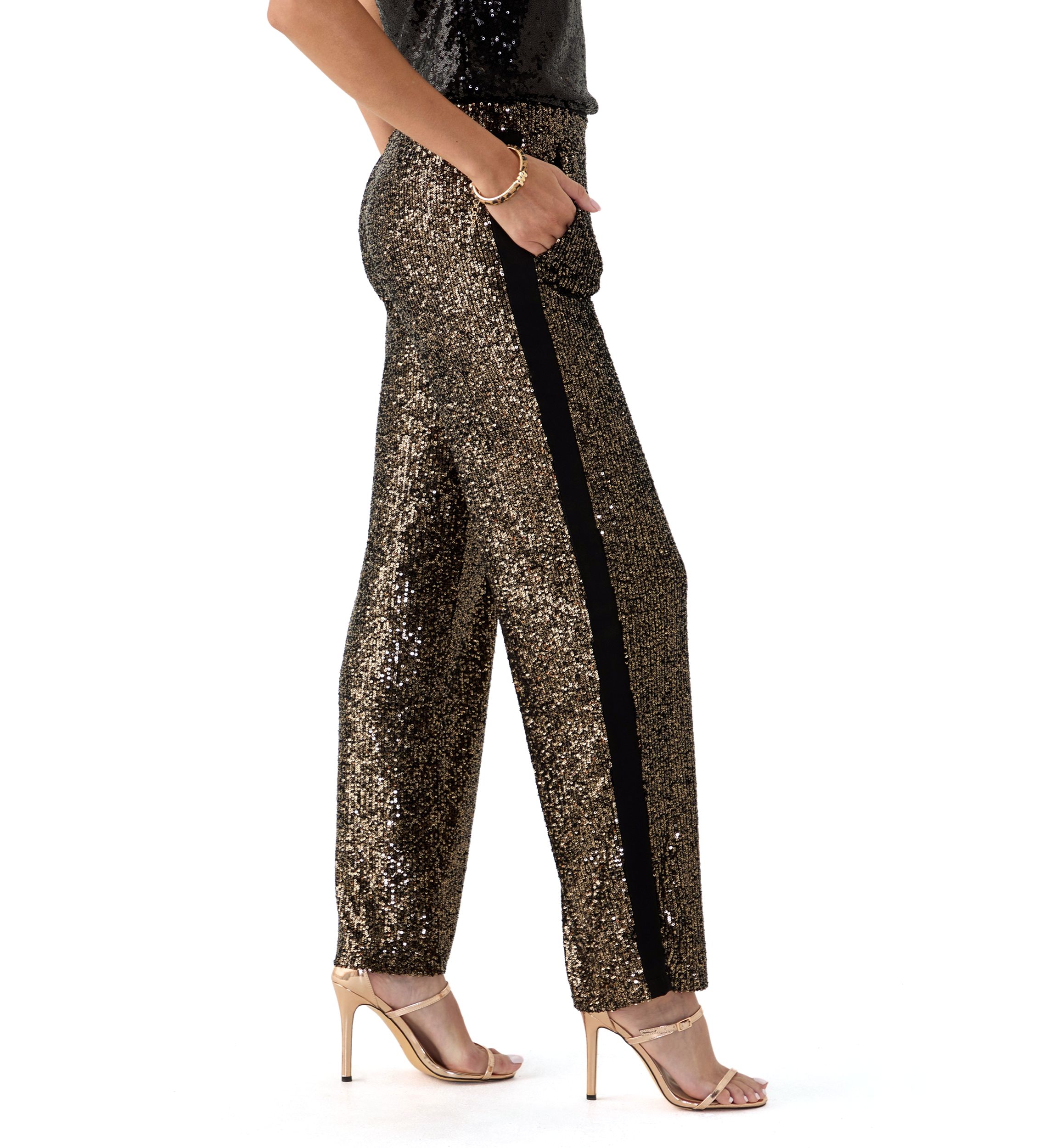 Womens Sequin Mix Wide Leg Pants