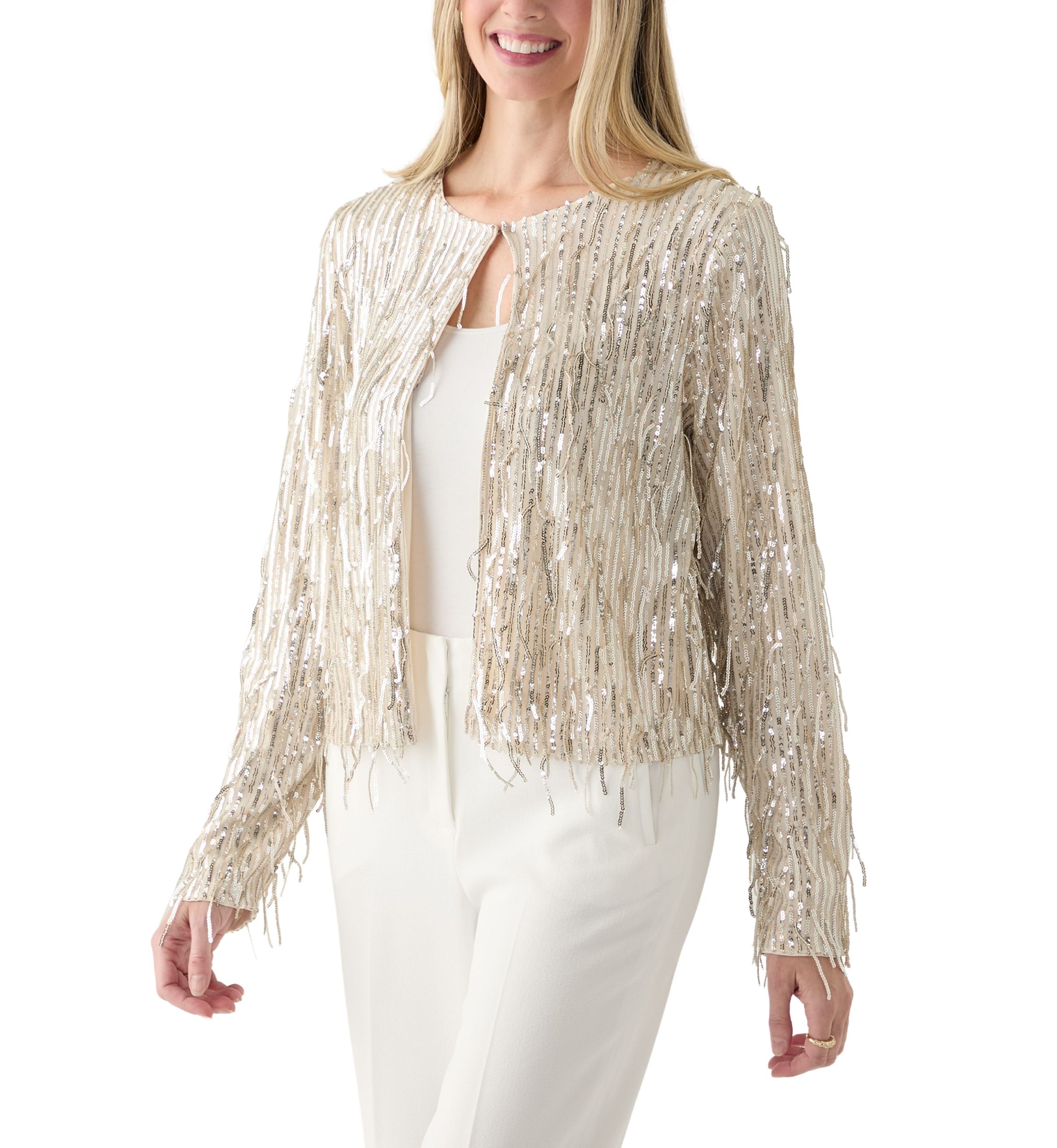 Womens Fringe Sequin Cardigan 
