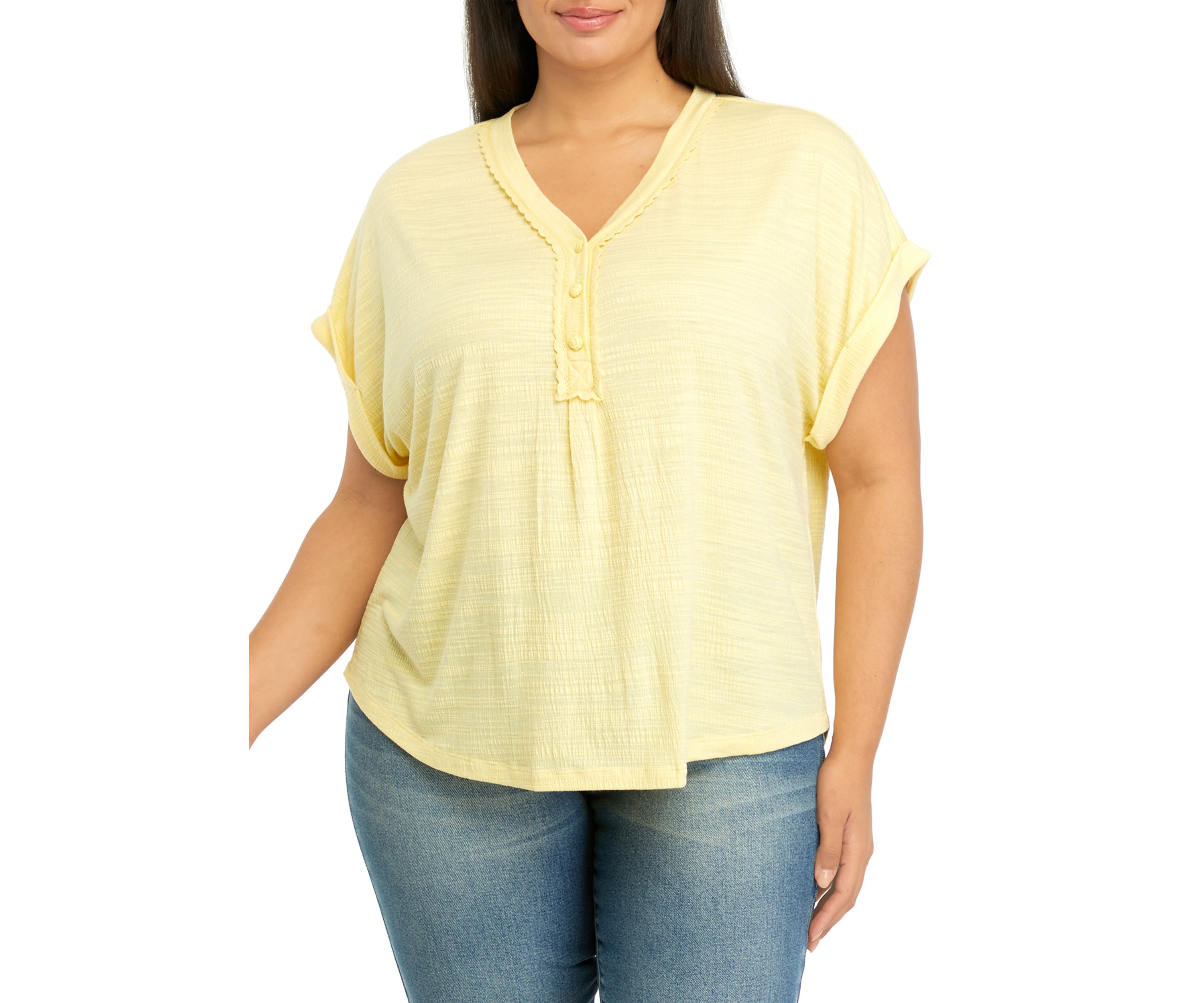 Plus Size Short Sleeve Textured Crinkle Henley Top